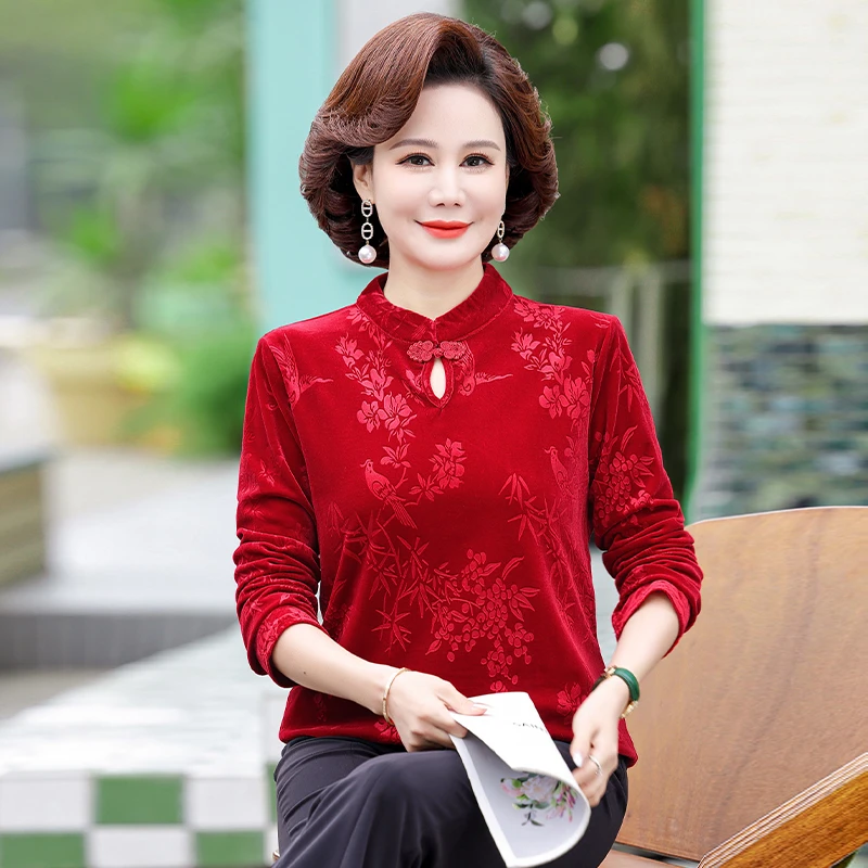 Women\'s Pullover Tops Gold Velvet Shirt Spring and Autumn Office Lady Long Sleeve Middle Age Mother Clothing