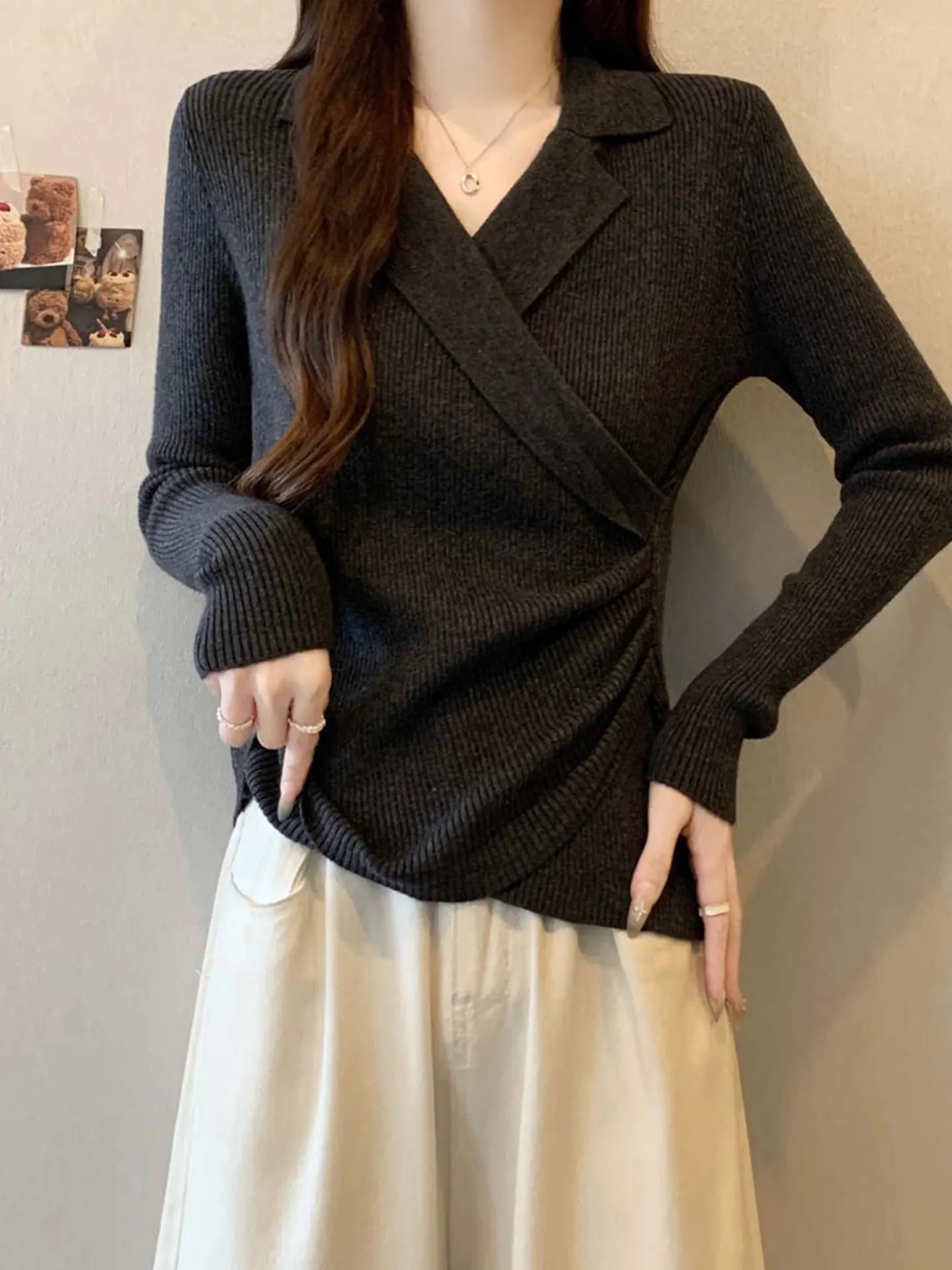 

Женский трикотажный топ Ele ey с длинным рукавом, облегающий, повседневный, из мягкой полиэстеровой ткани, с поясом, стандартной длины