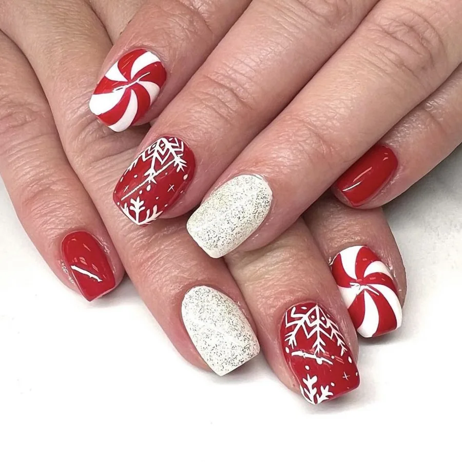 

24pcs Christmas Press-On Nails Set - Glossy Red & White Striped Short Square Ballet Fake Nails with Snowflake Design for Women
