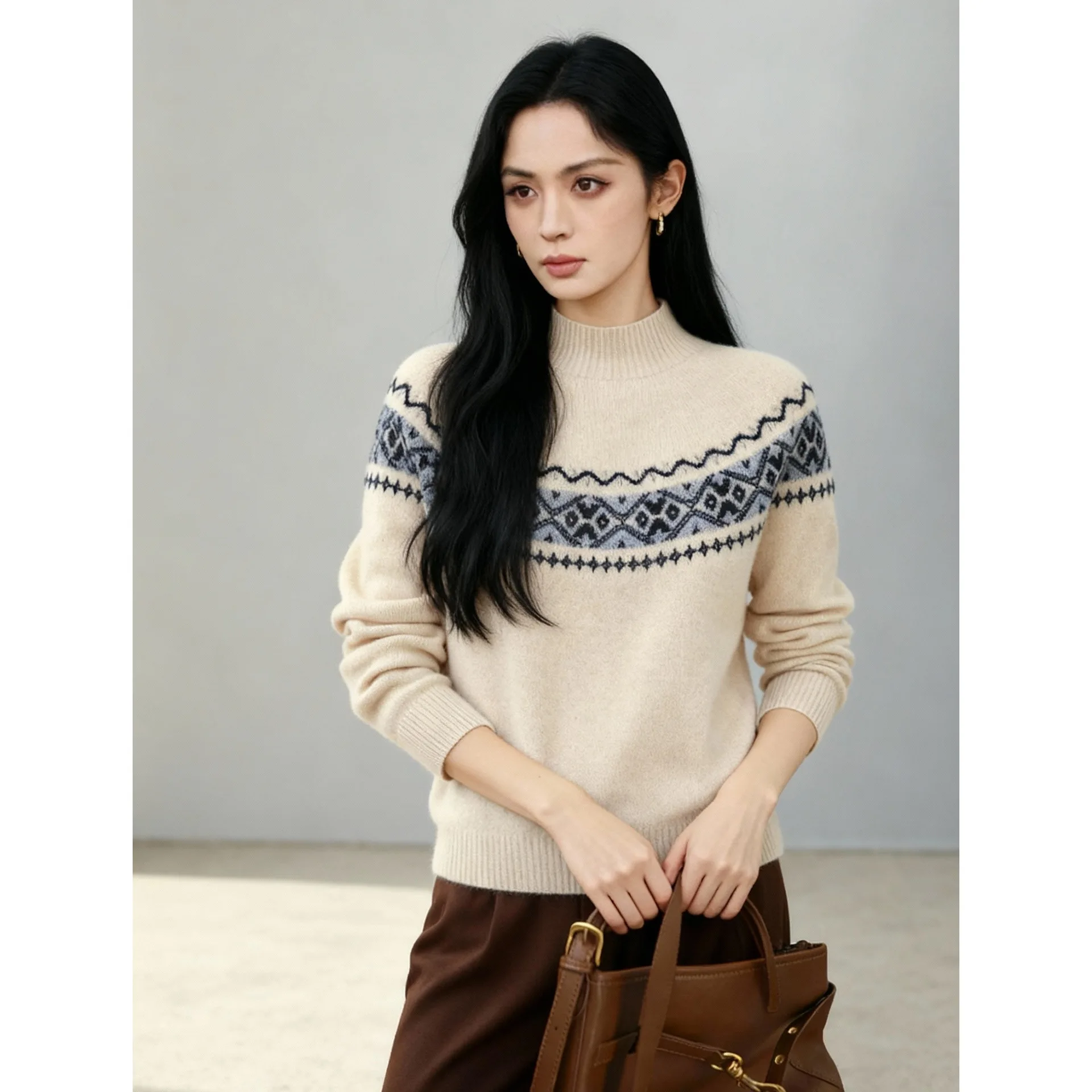 

Вязаный свитер Rongtail Island для женщин, с длинными рукавами, круглым вырезом, цветочной вышивкой, из 100% шерсти, осенне-зимний, элегантный