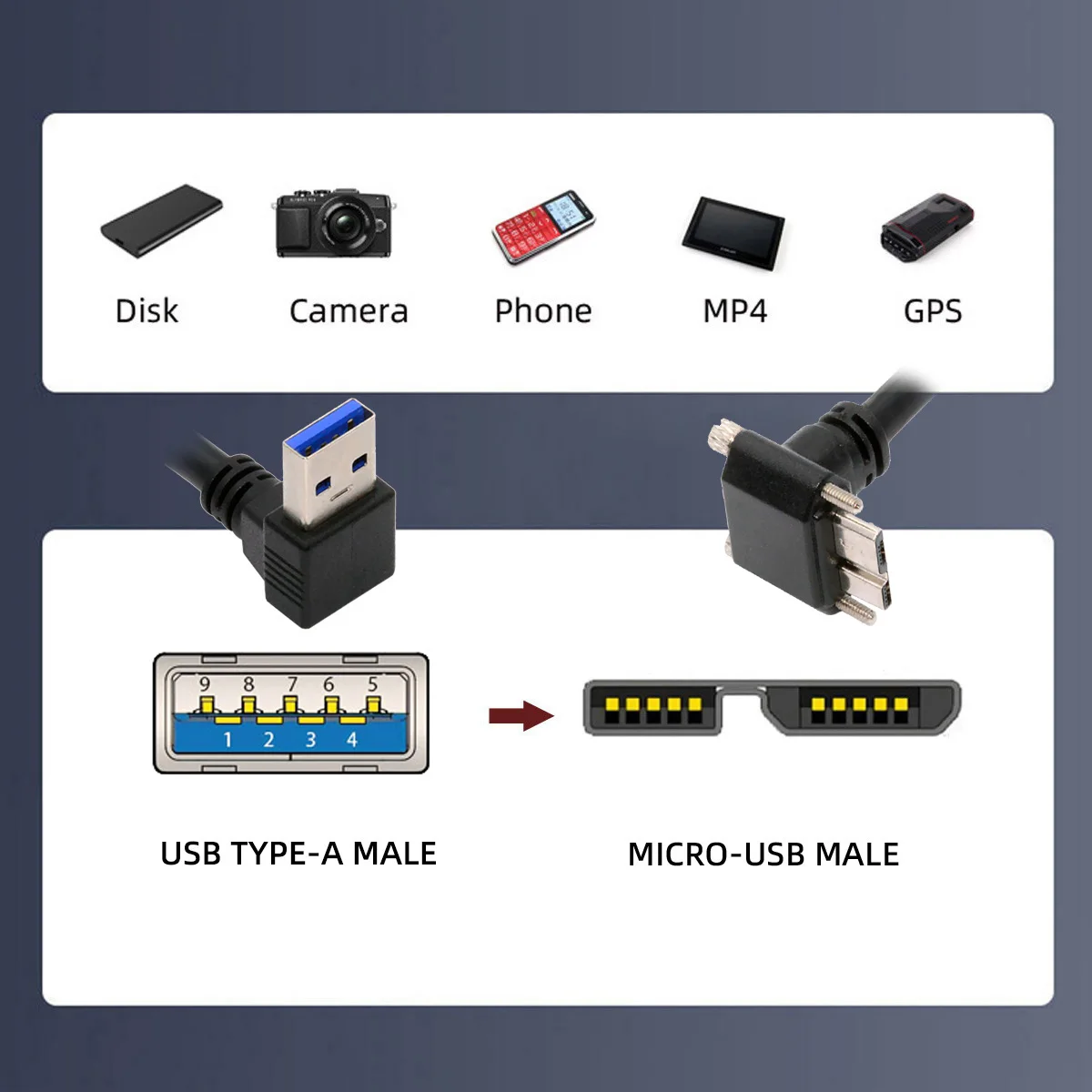 CableCC 90 Degree Up Down Angled USB 3.0 A Male to Micro-B Cable 25cm with Locking Screws for Disk Camera image 4
