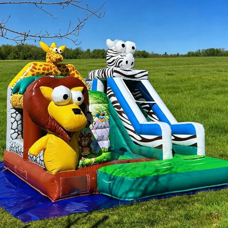 Outdoor Durable PVC Jungle Animal Lion Zoo Inflatable Bouncy Castle Slide for Kids Bounce House Combo for Party Rental