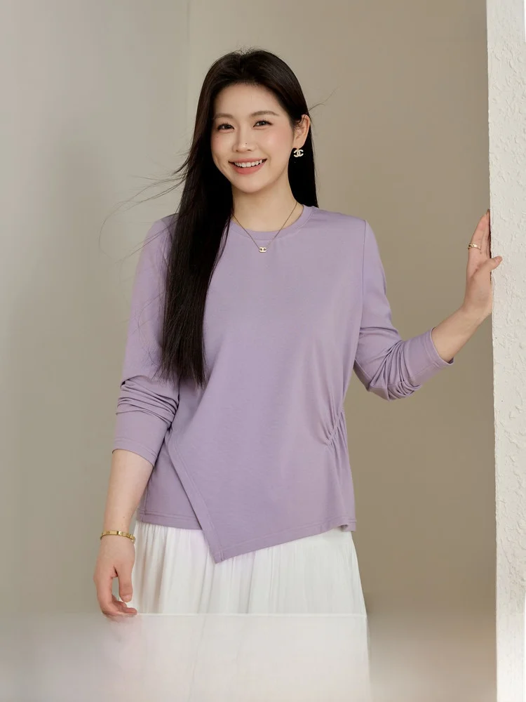 

Новая модная женская футболка больших размеров с плиссированным дизайном и круглым вырезом, приталенная, в корейском стиле, для повседневной носки весной