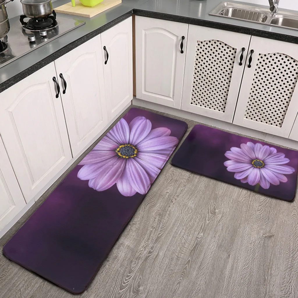 Two Sets Kitchen Mat Foot mats Flower Purple Lilac Blossom Nature Long Area Rugs Carpet for Living Room Absorbent Foot Mats