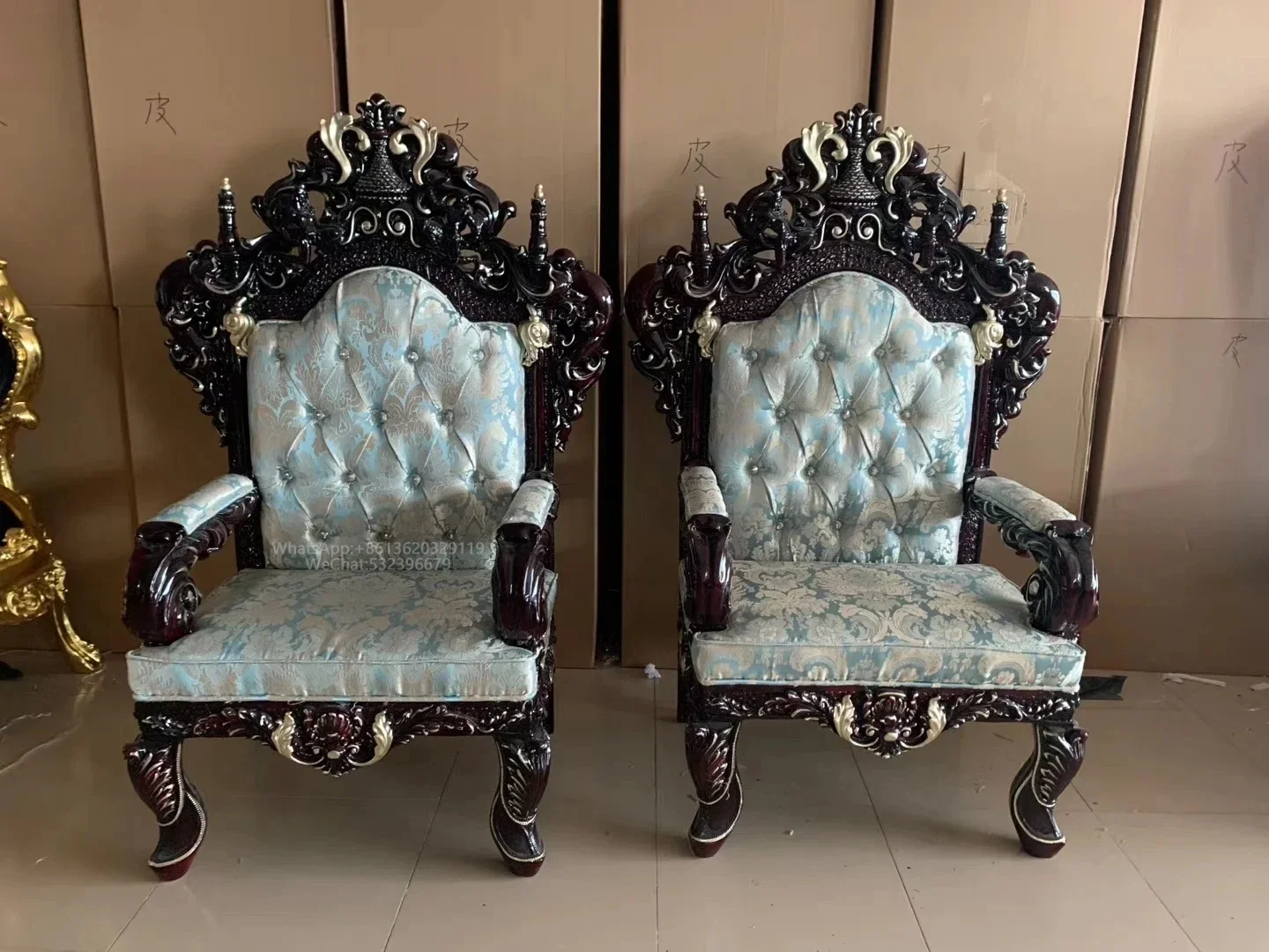 

Furniture Antique Style High Back King Seat Classic Dark Brown Solid Wood Carving Banquet Event Wedding Chair