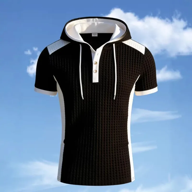 Mens Summer Knit Short Sleeve Hoodie Color Block Button Placket Pullover Top Daily Wear S 3XL