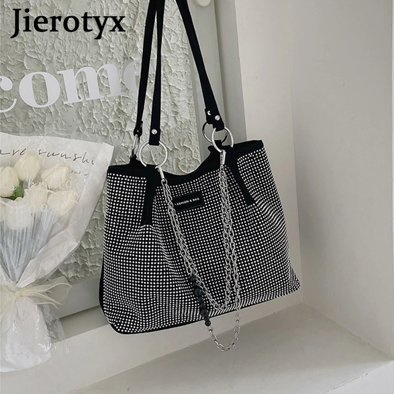 JIEROTYX Fashion Rhinestone Shoulder Tote Bag with Chain Vintage Gothic Handbags for Women Travel Shopper Totes Large Capacity