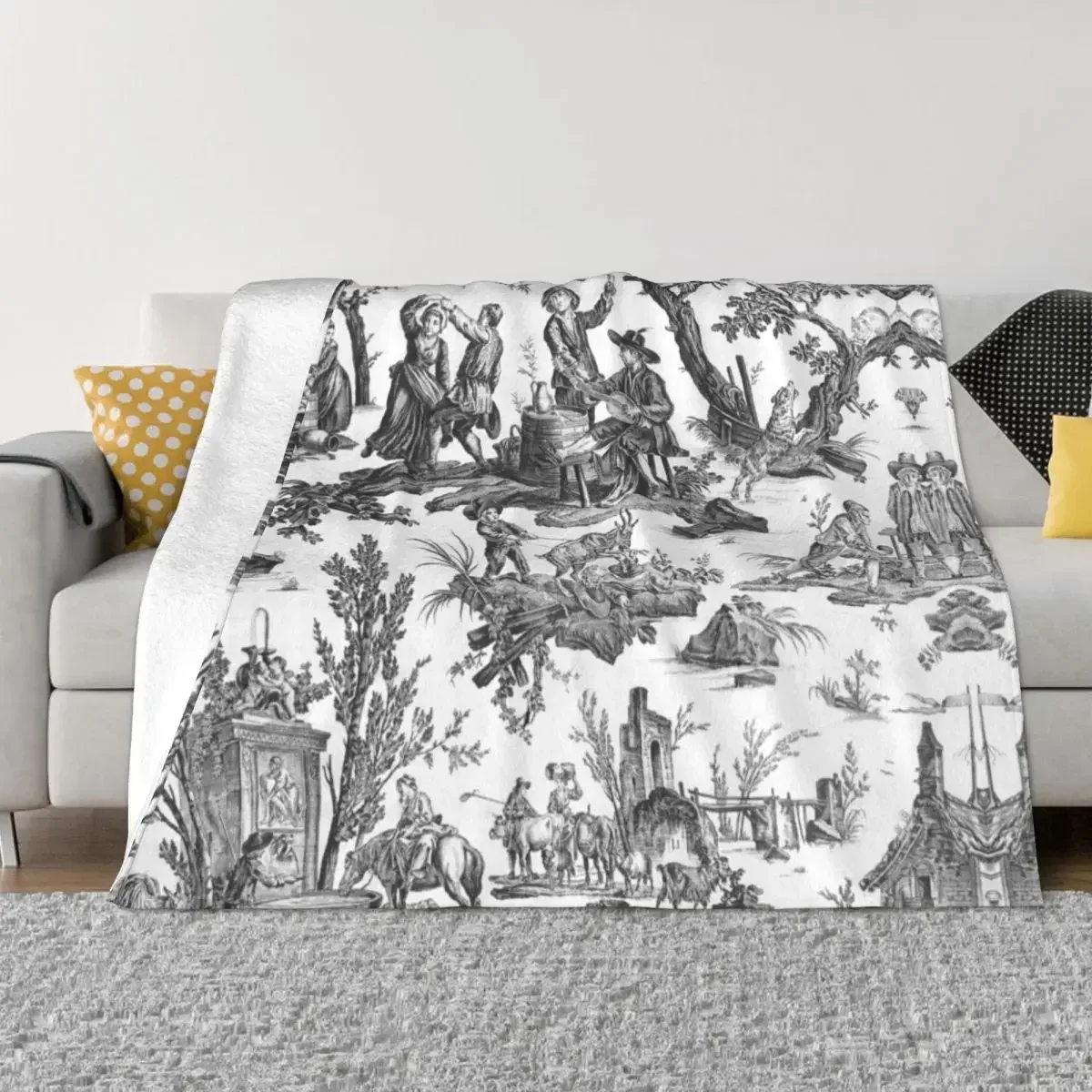 Black and White Toile De Jouy Blanket Soft Fleece Warm Flannel French Motifs Floral Throw Blanket for Sofa Office Bed Quilt Gift