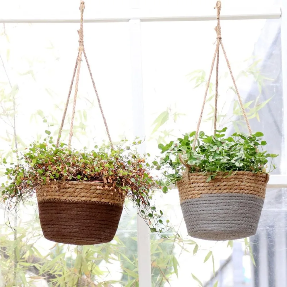 Hängender Blumentopfhalter in Rattanoptik für Innen- und Außenpflanzen, Garten, Terrasse, Veranda, Balkon, Decke, geflochtene Dekoration – Detail 3
