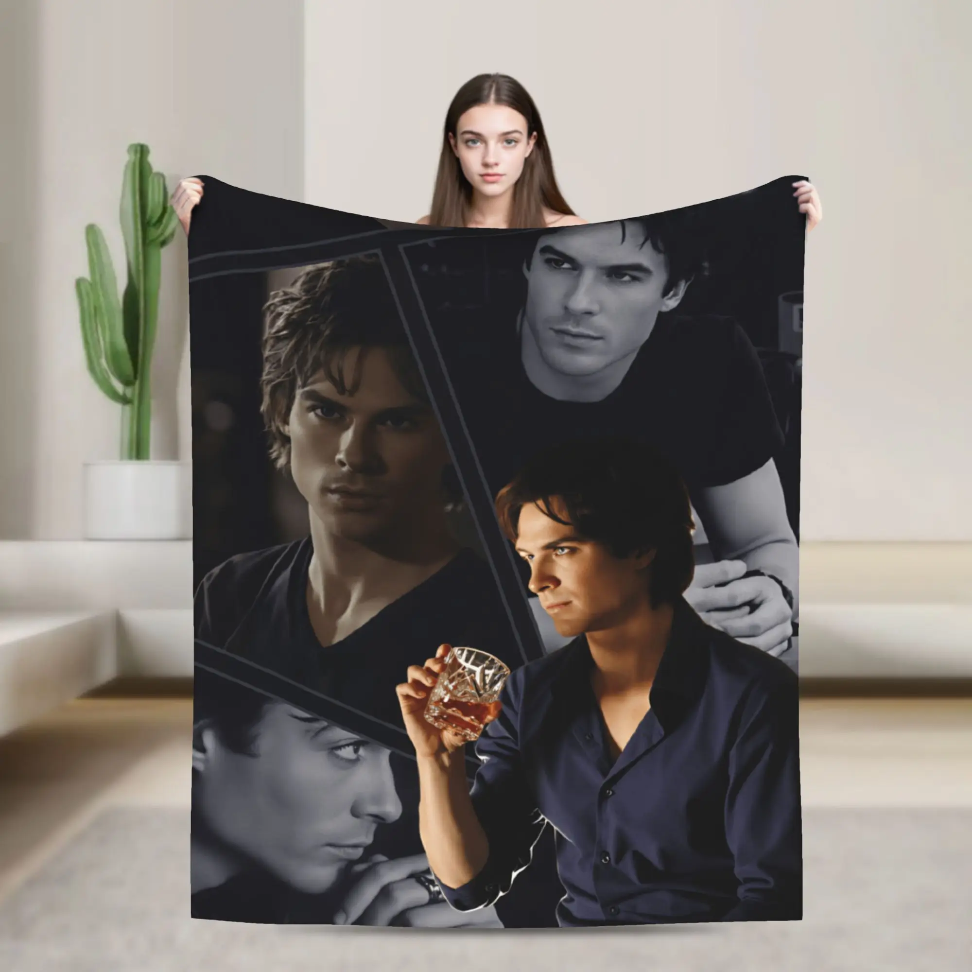 Damon Salvatore The Vampire Blanket Winter  Cozy Throw Blanket For Kids Adults Couch Chair Flannel Bedspread Bed Cover