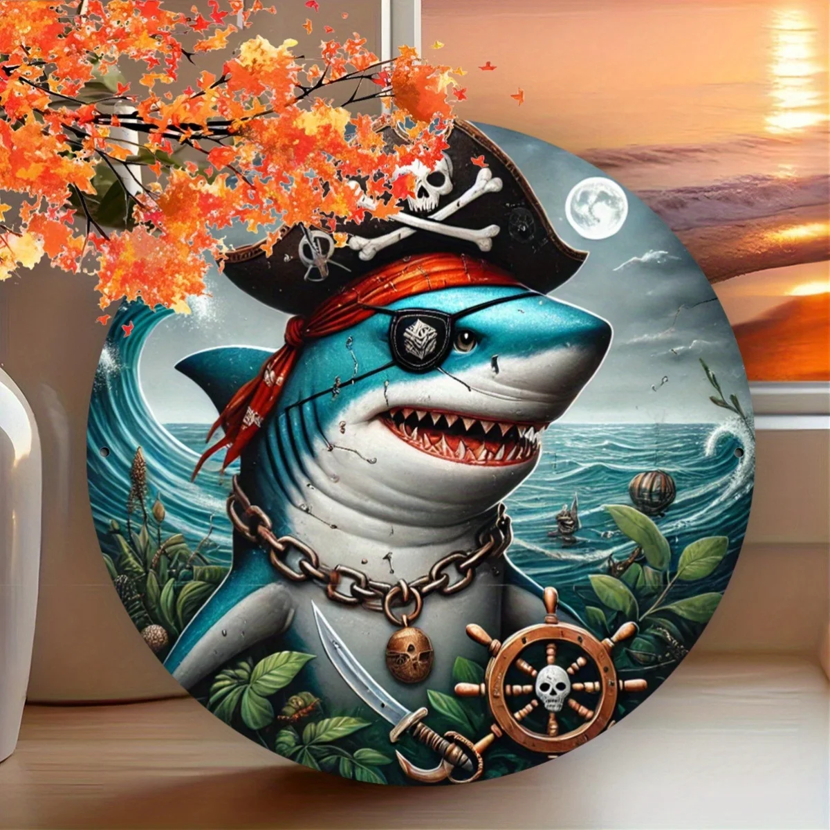 2D Flat - 1pc a 2D Flat Printed Metal Sign Measuring 7.87X7.87inch, Featuring a Festive Pirate Shark Design. This Durable Circul