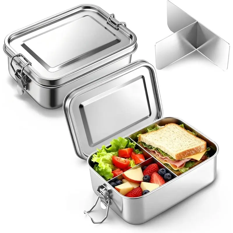 

【WINTER】Set Of 2 Bento Box, 850 Ml Stainless Steel Lunch Box With Compartments, Leak-Proof Metal Design For Adults