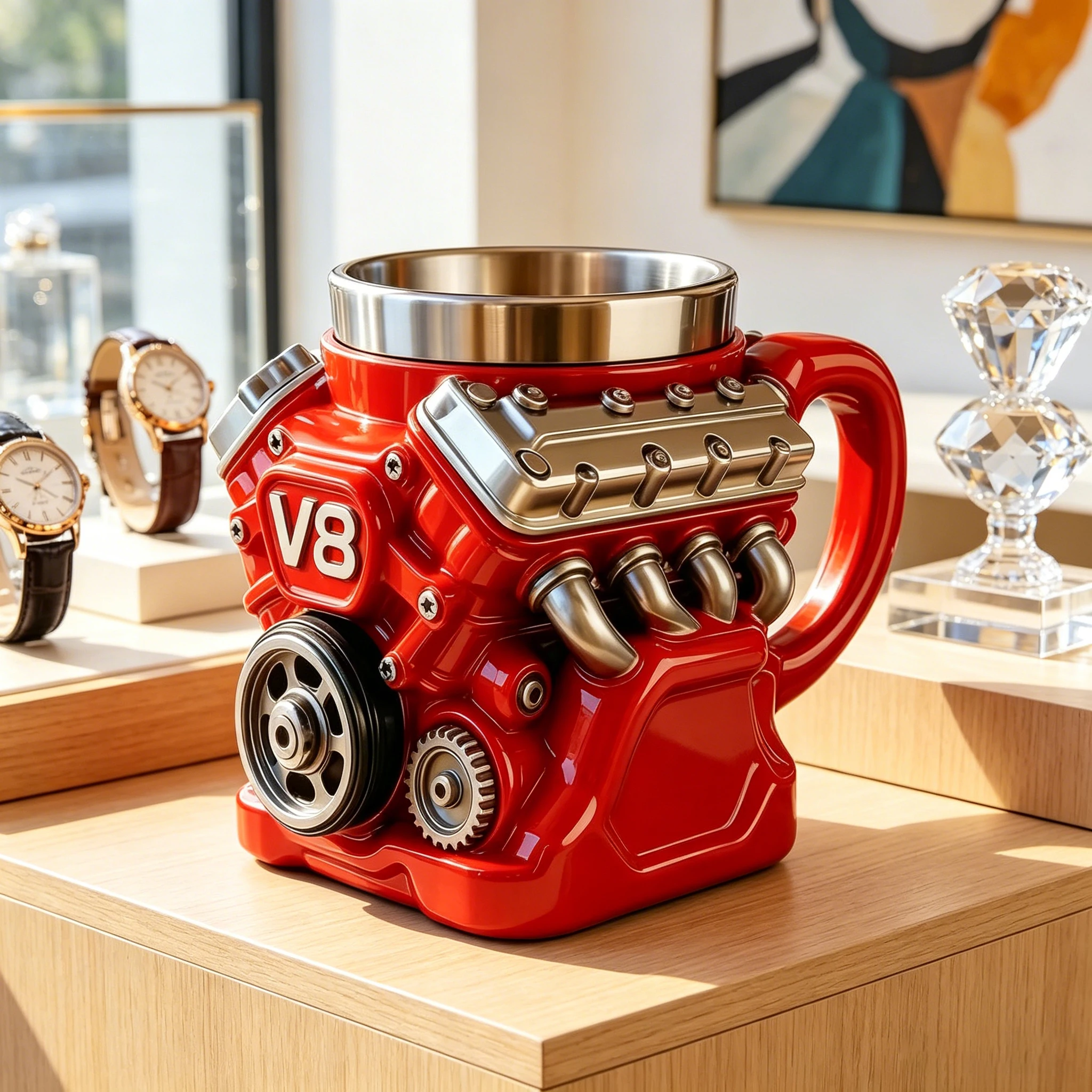Engine coffee cup/rocket shaped coffee cup set, 304 stainless steel inner liner, durable resin shell, unique V8 car engine cylinder body and retro rocket ship design water cup, multifunctional and fun decorative desktop ornament - view 3