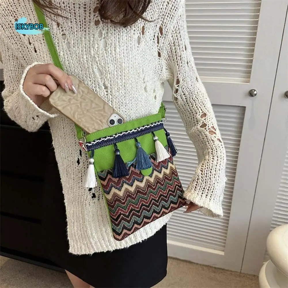 

Tassel Ethnic Style Shoulder Bag Stripe Canvas Embroidery Crossbody Bag Message Bag Korean Style Bucket Shape Handbag Travel