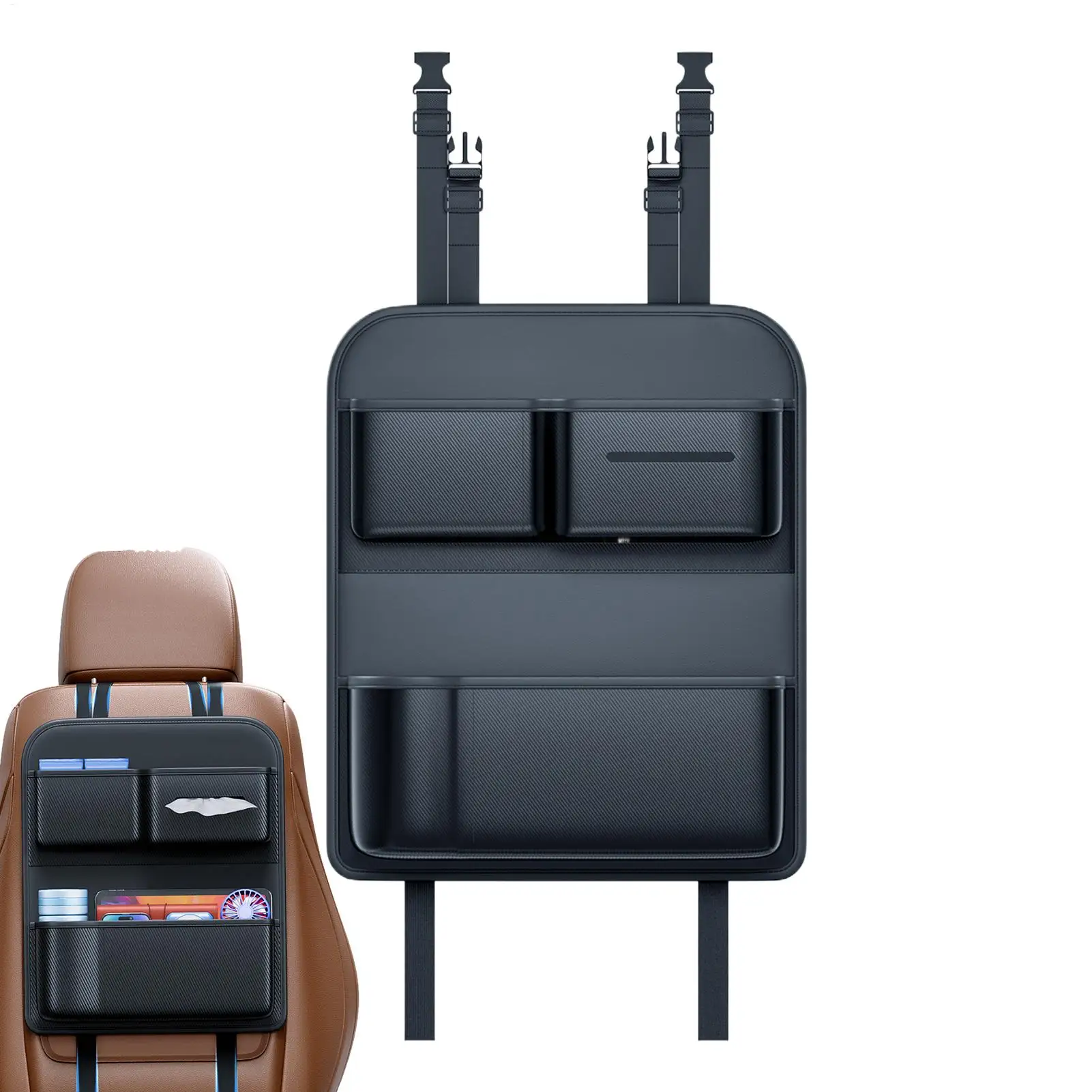 

Car Seat Back Storage Bag Leather Backseat Car Organizer Multi-Pocket With Tissue Box Cup Holder Car Seat Back Kick Mats