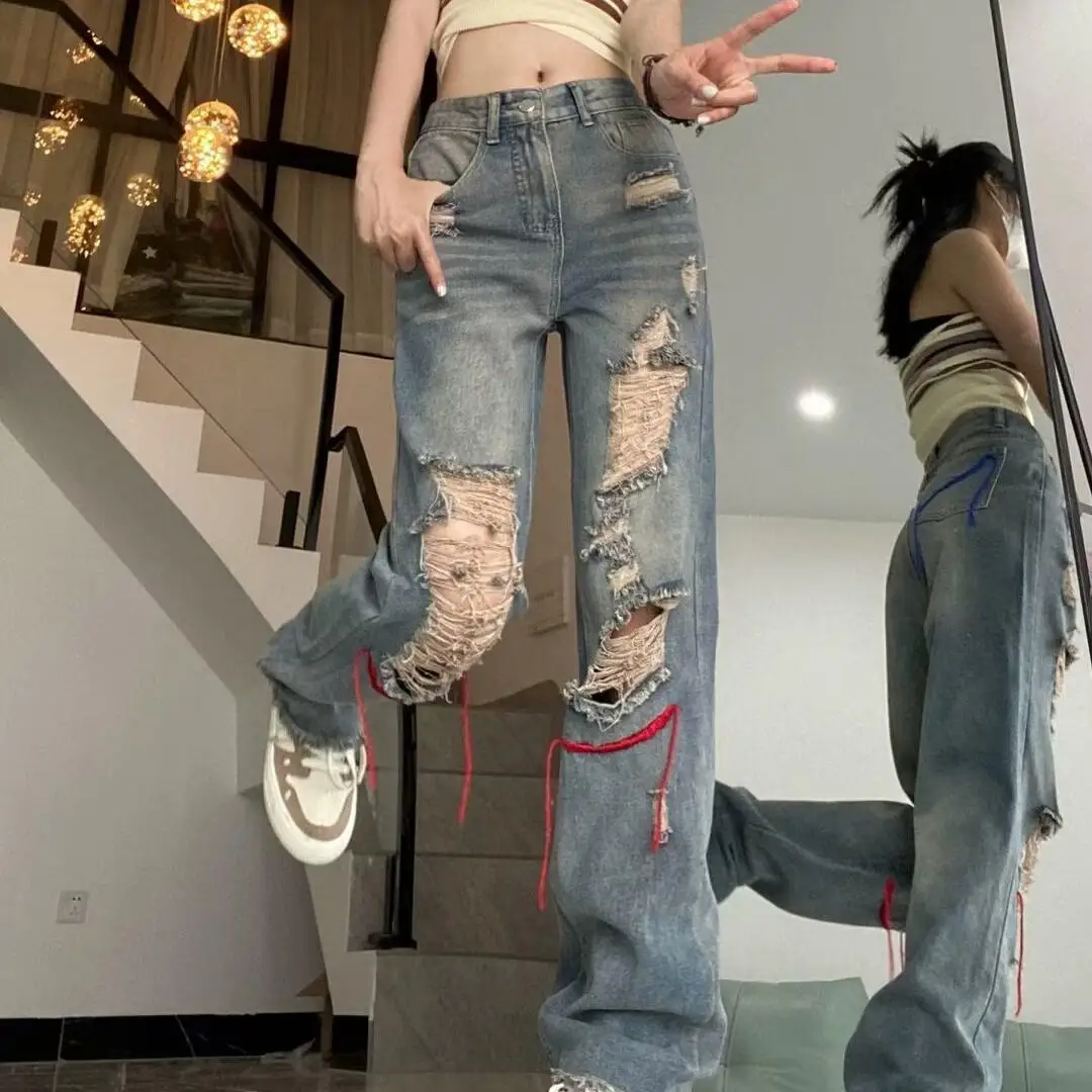 

Trendy Ripped Straight Leg Jeans Women's Spring Summer New Sle Large Size Slim Fit High Waist Blue Denim Casual Wear