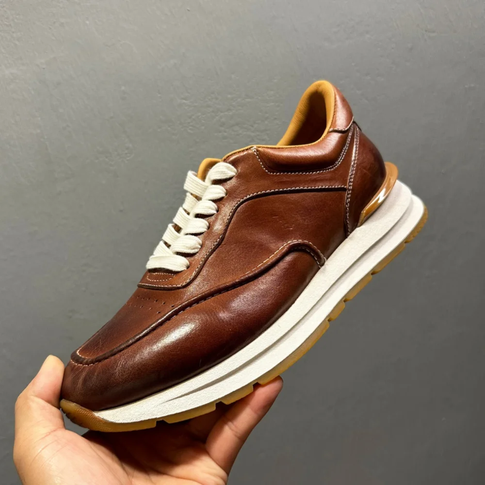 أحذية كاجوال مصنوعة يدويًا من جلد الحصان - أحذية رياضية كاجوال كاجوال كلاسيكية جديدة للرجال من الجلد بمقدمة مستديرة قابلة للتنفس للرجال #1