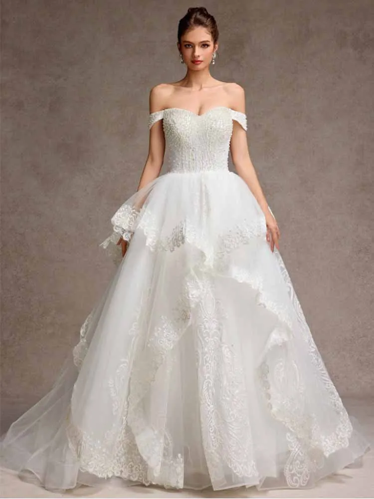 Exquisite Women's Wedding Dresses Tulle A-line Wedding Party Dresses Ivory Off-the-shoulder Pearls Lace Ruffles Wedding Dresses