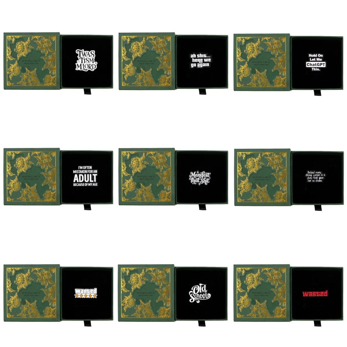 Zitat-Spruch-Wort-Serie Emaille-Pin Exquisite Verpackungsboxen Modeschmuck Accessoires Geschenkbox Geburtstag Urlaub Ideale Geschenke