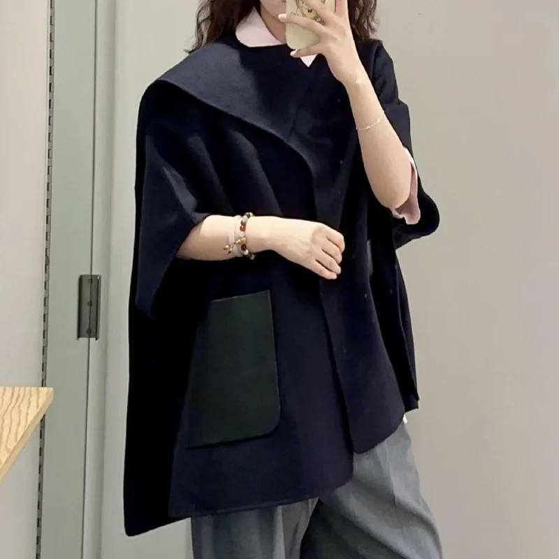 [EWQ] All-match Women Woolen shawl Overcoats Spliced PU Leather Pockets Casual Winter Pullover Cashmere Tops 2024 New 16O2049