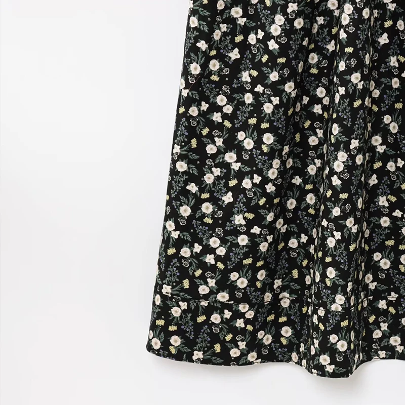 우아한 플로럴 프린트 미디 드레스 벨 슬리브 스퀘어 칼라 여성 스타일 봄 여름 가을 시즌 폴리에스터 섬유