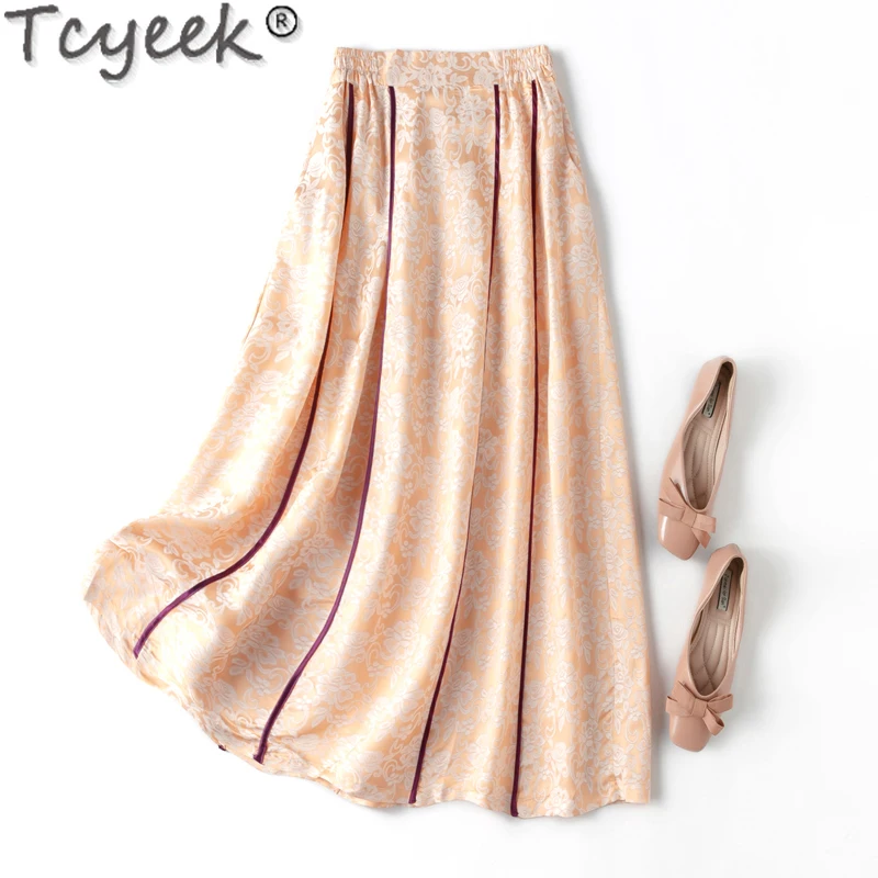 

Tcyeek 50% Mulberry Silk Skirt 2024 New Spring Summer Women's Skirt Vintage Clothes Elegant Skirts for Women Faldas Para Mujeres