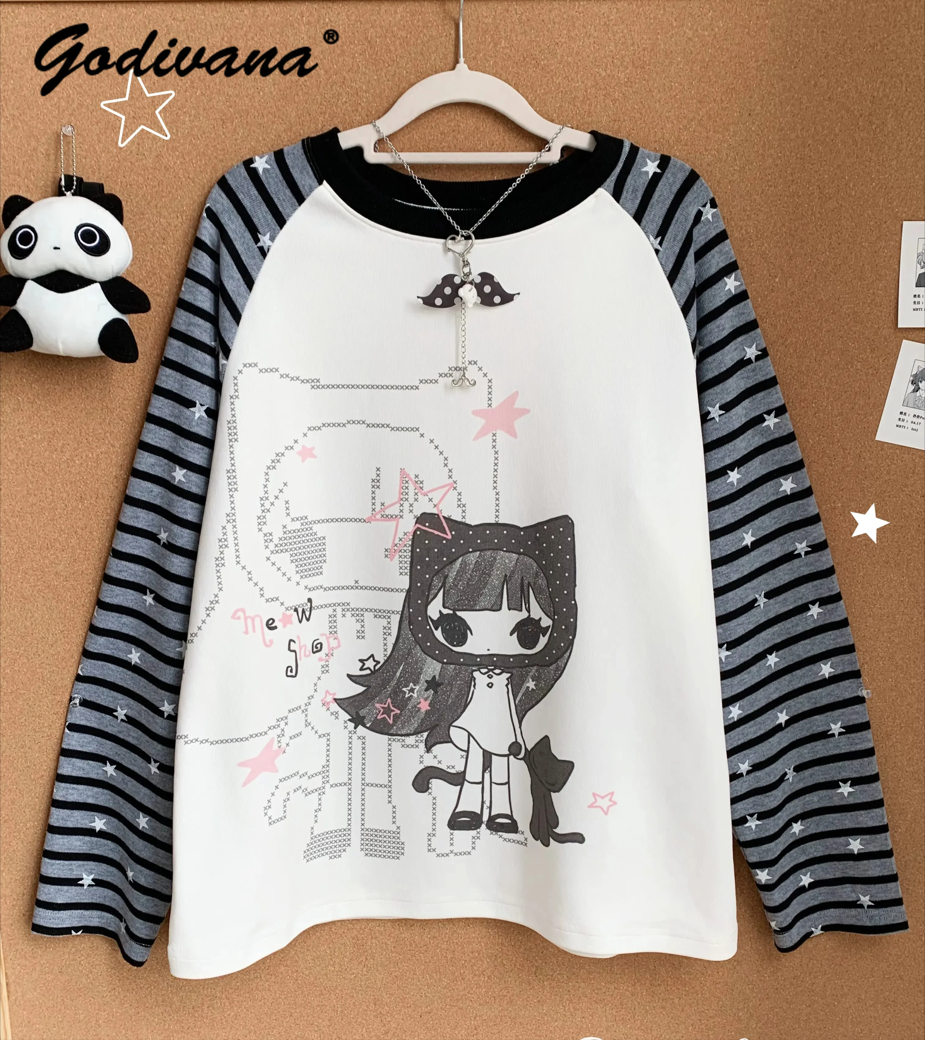 Women Students Autumn Original Cat Girl Star Print Black Gray Striped Raglan Long Sleeve T-shirt Korean Style Casual Top