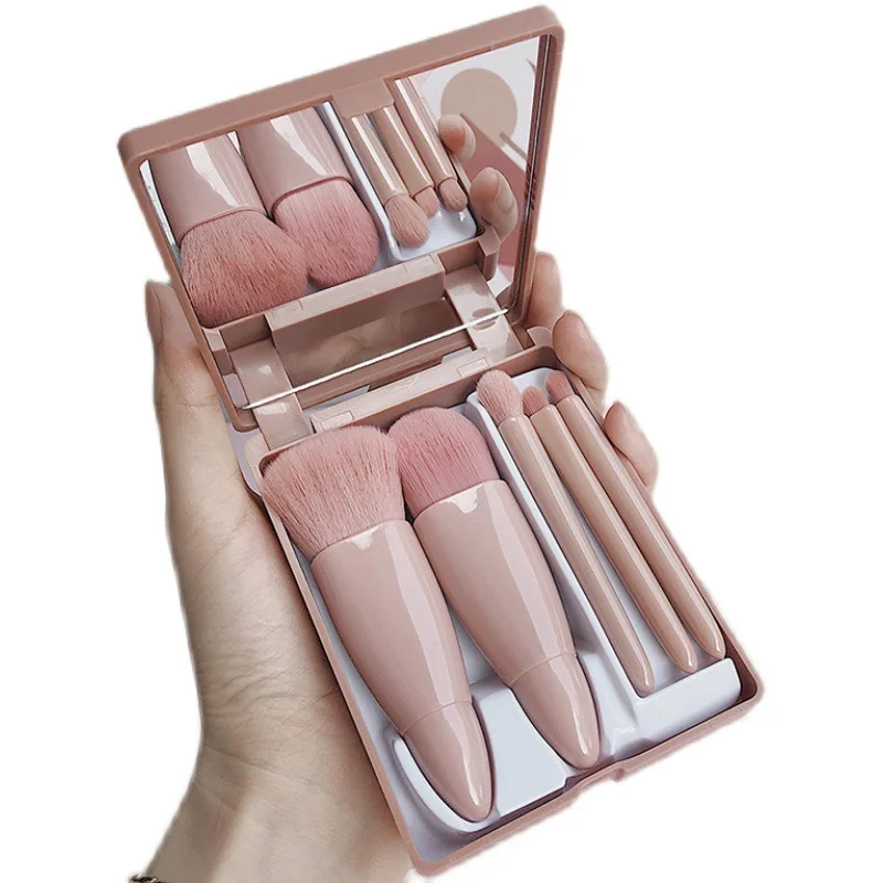 5pcs Travel Size Makeup Brushes Set Portable Mini Makeup Brushes with Mirror Small Complete Function Cosmetic Brushes Kit Tools