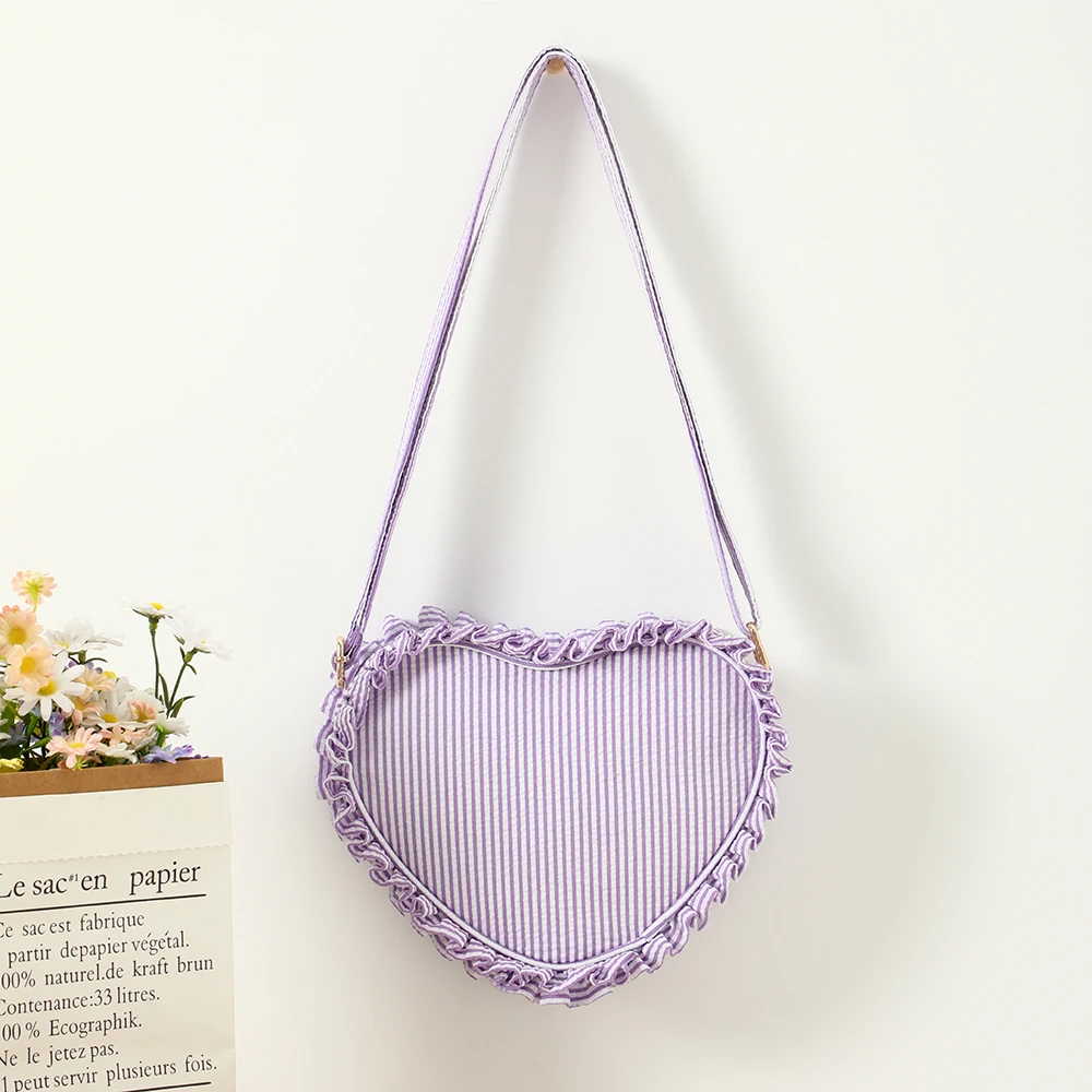 Ruffle Heart Shape Crossbody Bag Fashion Stripe Pink Girl Seersucker Zipper Sling Bags For Women Outdoor Travel Mini Purse