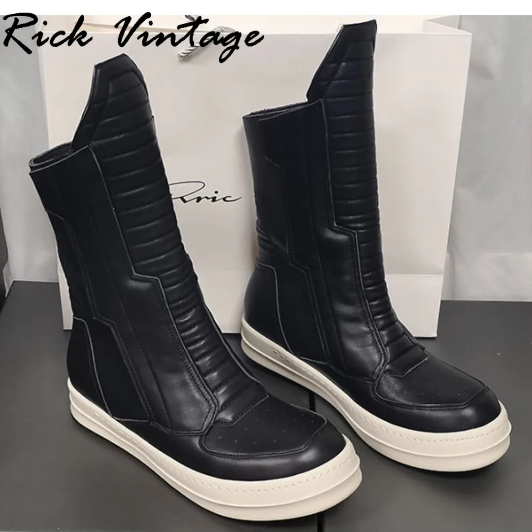 Rick Vintage Women Motorcycle Leather Boots Men Luxury Mid-Calf Winter Riding Boots Shoes Casual Zip Flats Black Shoes Unisex