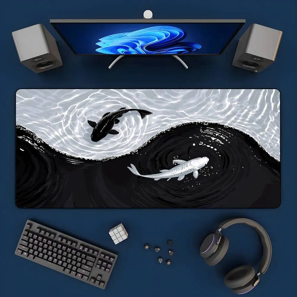 Tai Chi Koi patterned gaming mouse pad non-slip rubber base precision stitched edges waterproof rectangular desk mat office game