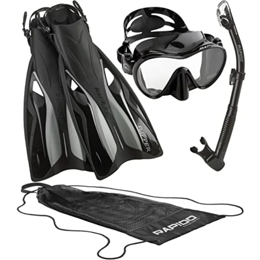 

Frameless Snorkel Mask Fin Snorkeling Set for underwater exploration, silicone material, black color, wide 180-degree field of