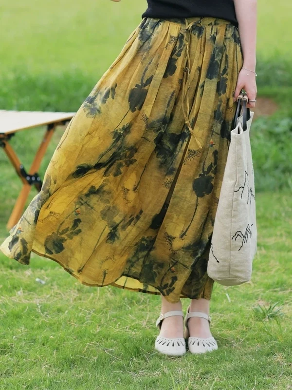 

Slimming A-Line Midi Skirt Cotton Linen Print Pleated Waist Cord New Spring Summer Women's Fashion Commute Style Korean Version