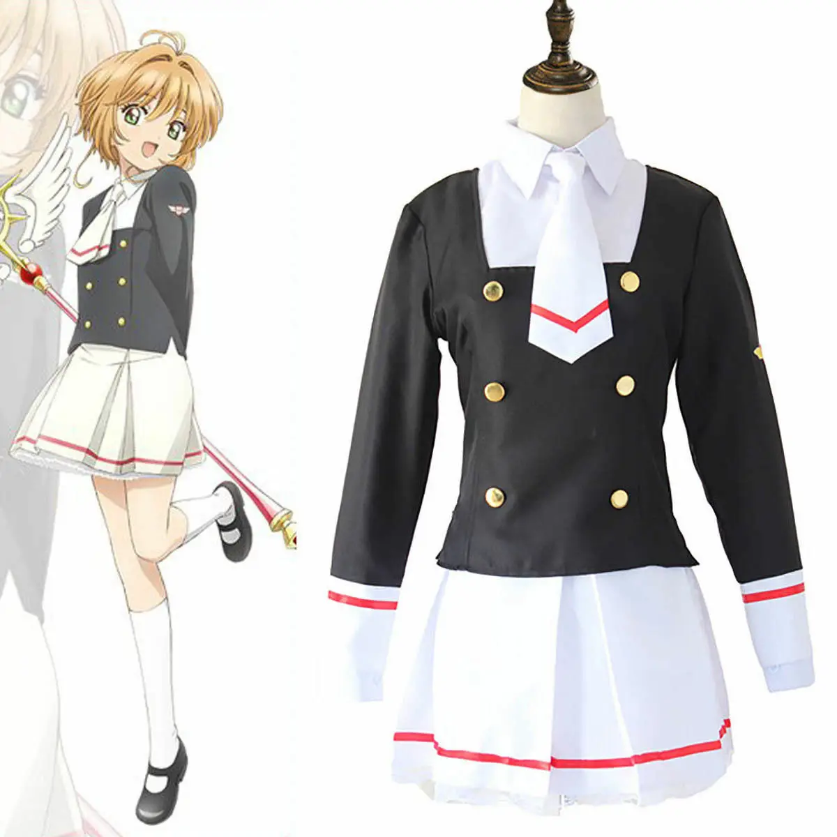 Disfraz de Cosplay de Anime Card Captors Sakura KINOMOTO para mujer adulta, uniforme bonito Loli Sailor JK, faldas superiores, camisa, traje con peluca y corbata