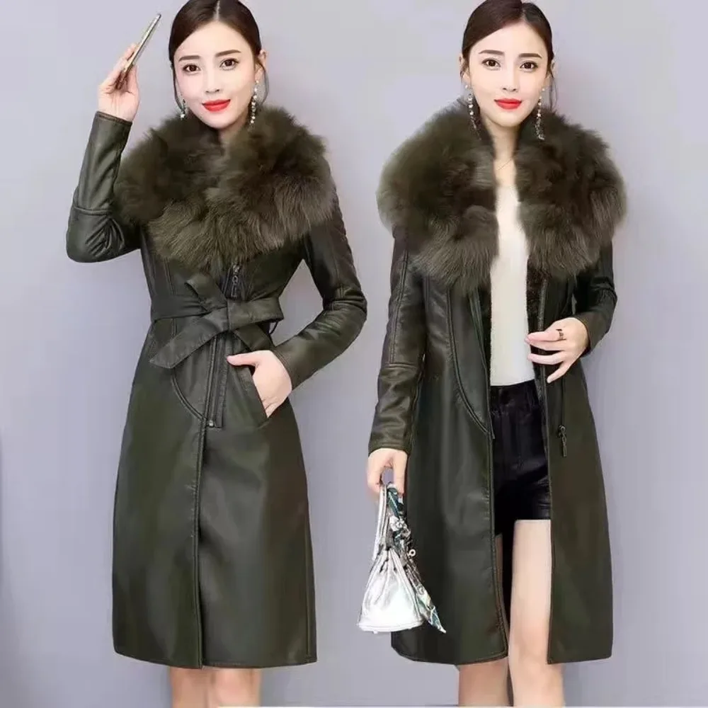PU Leather Fur Collar Winter Coat Women Solid Adjustable Waist Mid-Length Slim Jacket 2025 New Fashion Lady Casual Warm Outwear