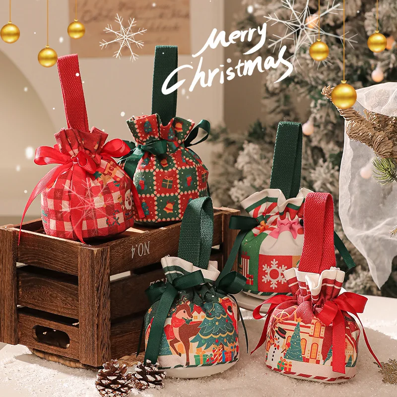VIKAMA 10 Uds bolsa de regalo de Navidad con lazo caja de embalaje de dulces de manzana de dibujos animados suministros para fiestas bolsa de almacenamiento de lino