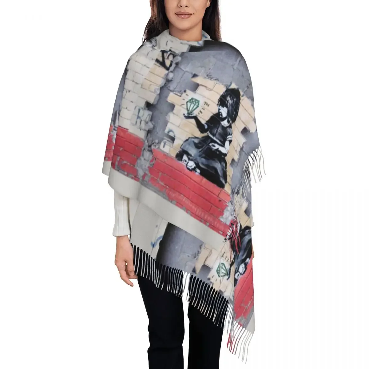 Womens Tassel Scarf Banksy Diamond Girl Long Winter Warm Shawl and Wrap Street Art Graffiti Spray Daily Wear Pashmina Scarves