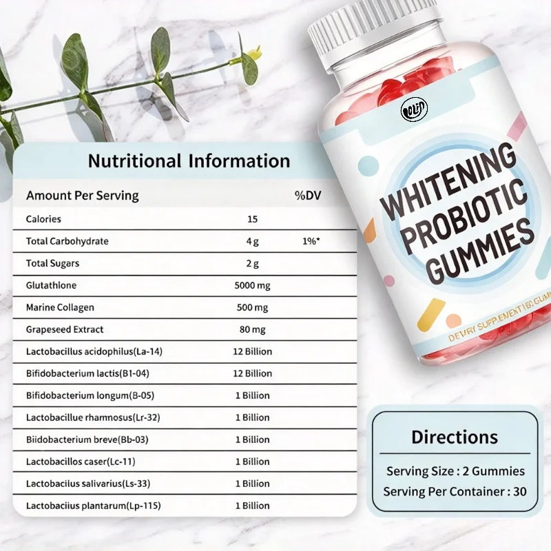 Whitening Probiotic Gummies with Glutathione 5000 Mg and Marine Collagen 500 Mg, Grapeseed Extract 80 Mg, 60 Gummies