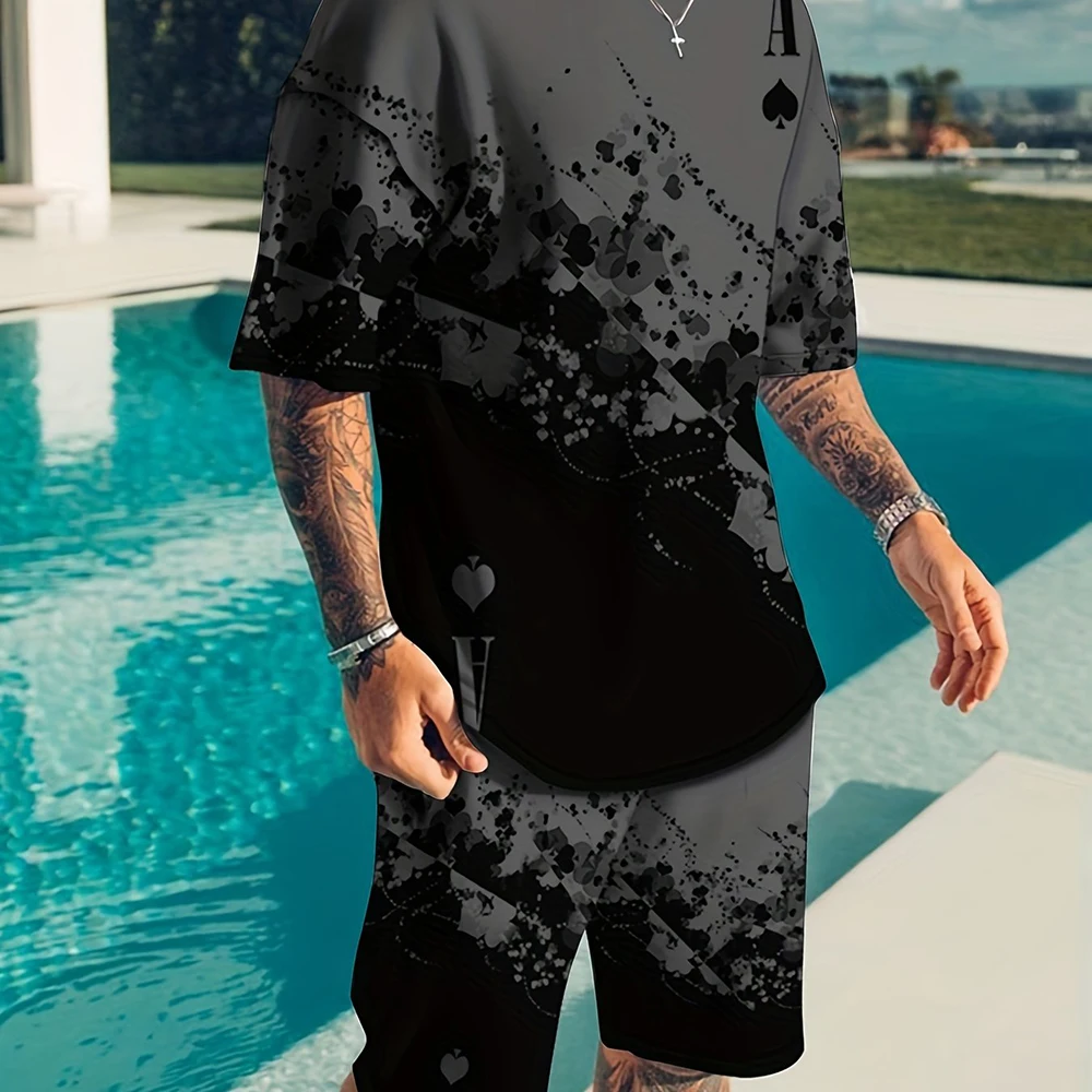 2025 New Men's Summer Leisure Sports Running Set Refreshing Top Style 3D Poker Pattern Fashion Set