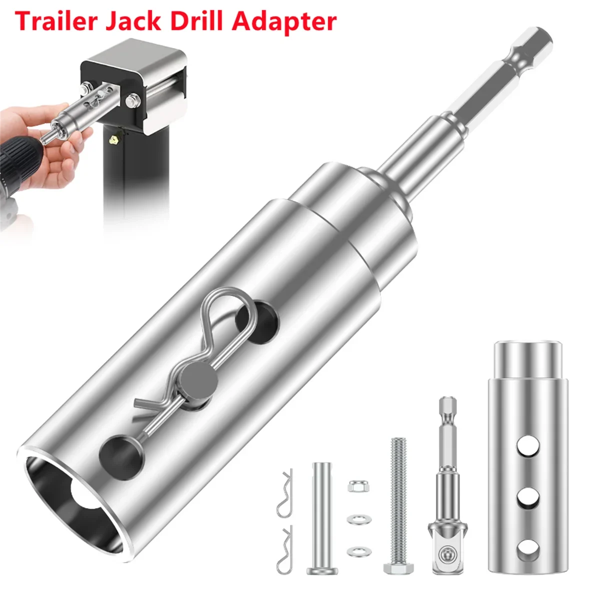 Trailer Jack Adapter for 1Inch Shaft to 1/2 Inch Drive Stainless Steel Heavy Duty Drill Socket Kit with Pins and Bolts Tools Set