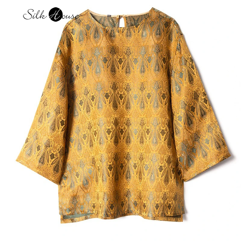 Yellow Wing Print 2026 Spring Fashion New Versatile Retro Temperament 70% Natural Mulberry Silk Round Neck Long Sleeved T-shirt