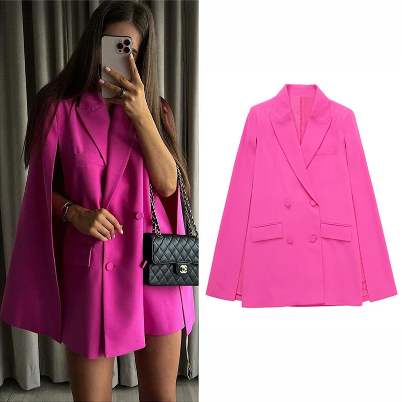 Pink Sleeveless Cloak Jacket Coat Women Fashion Spring Turn Down Collar Double Breasted Pockets Office Ladies Blazer Mujer 2022