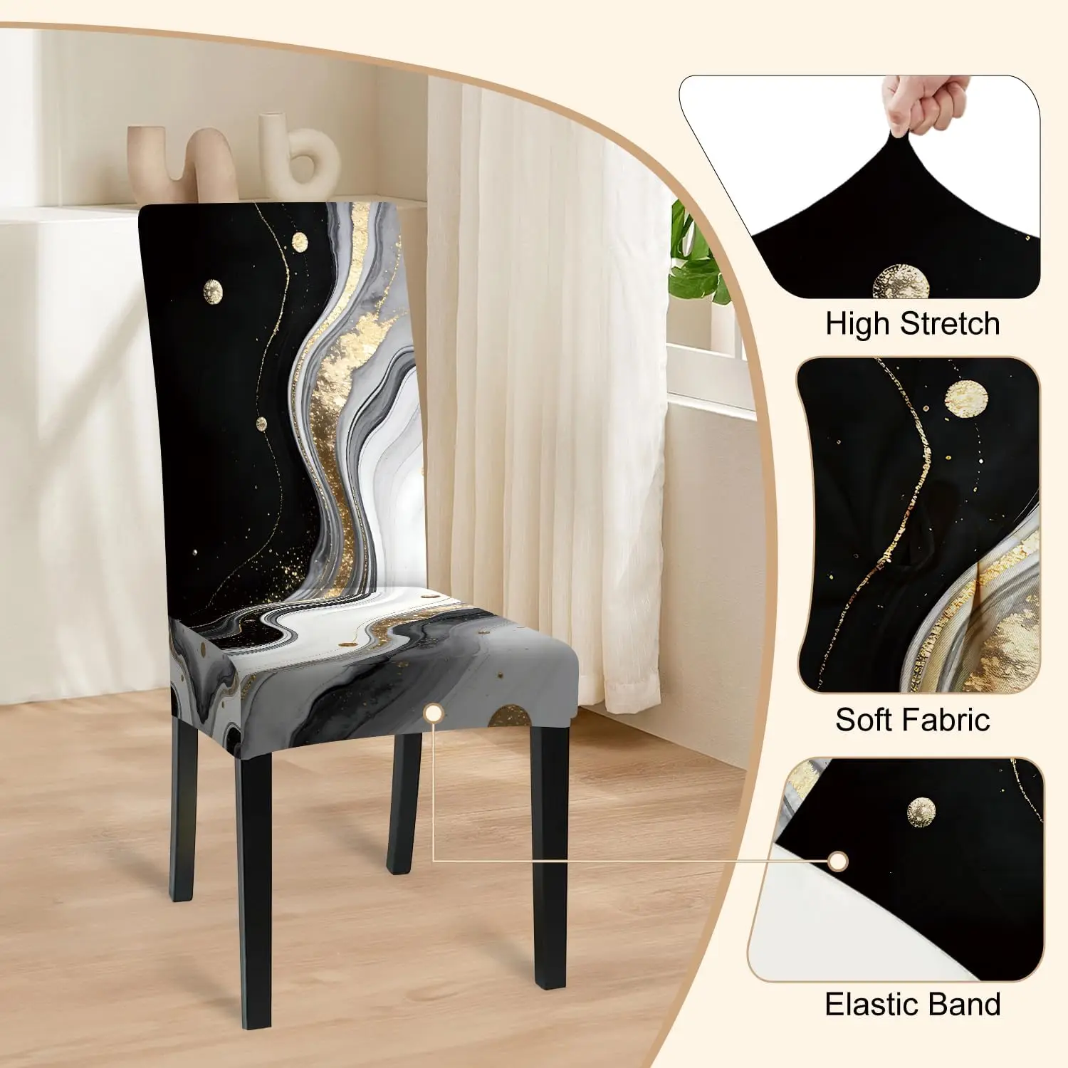 Black White Gold Marble Stretch Dining Chair Cover 1Pc, Waterproof Slipcover Anti-dust Seat Protector for Kitchen Wedding Party