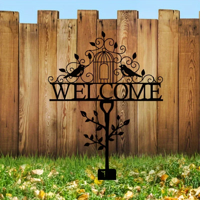 Rustic Metal Welcome Bird Sign - Farmhouse Outdoor Wall Art with Birdcage Design for Yard, Fence, or Lawn Decoration