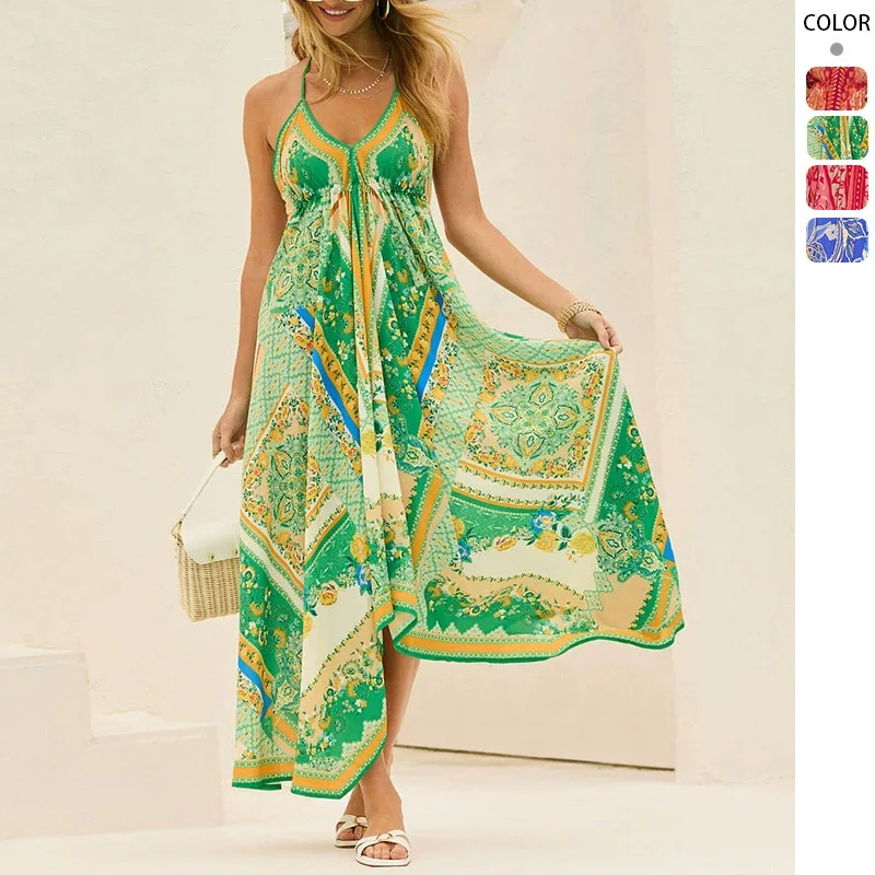 

Women's Summer V-neck Halter Bohemian Floral Long Dress,Women Clothing,Red Dress,Sexy Dress Women,Sundress,Beach Dresses