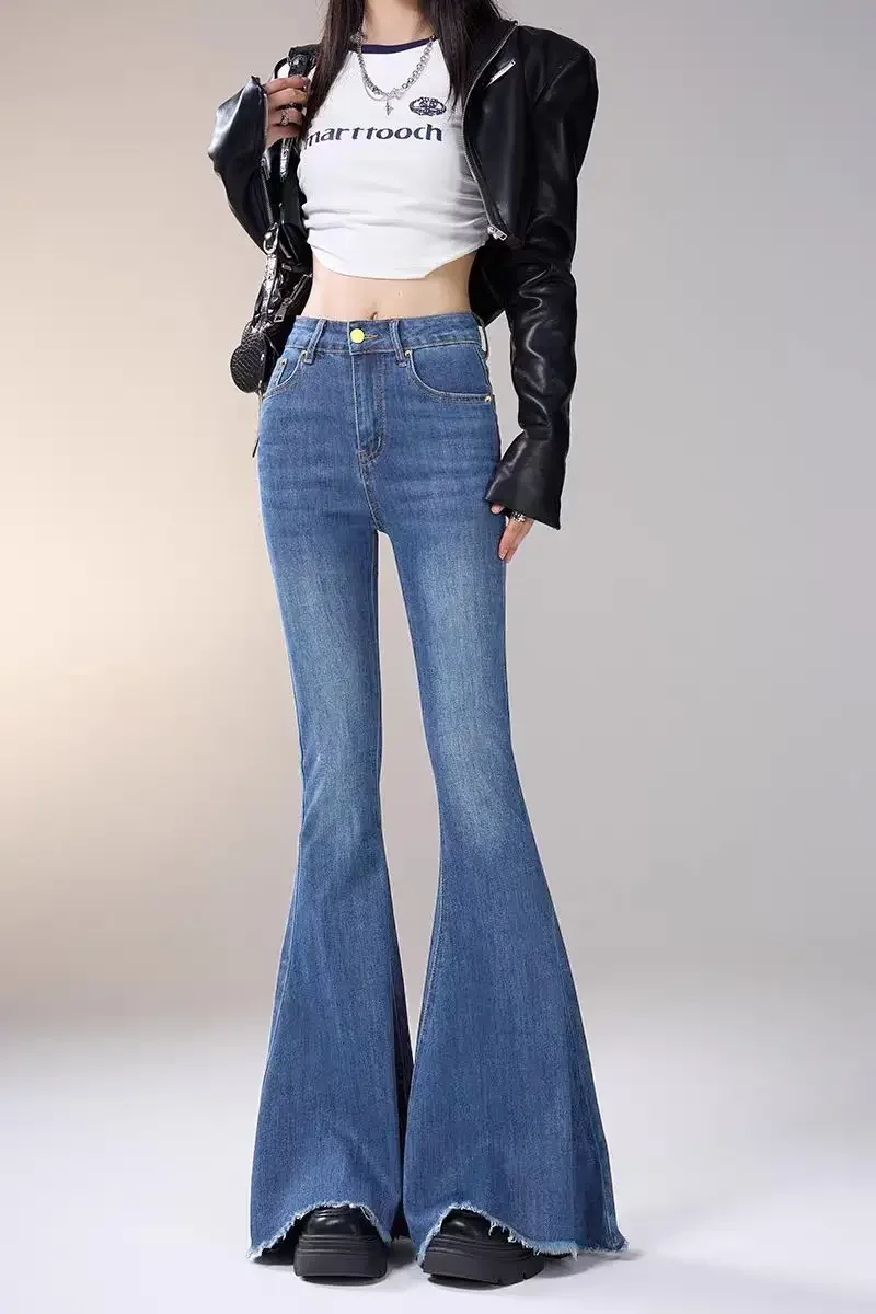 

Женские джинсы Y2k, расклешенные эластичные синие джинсовые брюки, утягивающие брюки с высокой талией, рваный подол, ретро, винтажный стиль