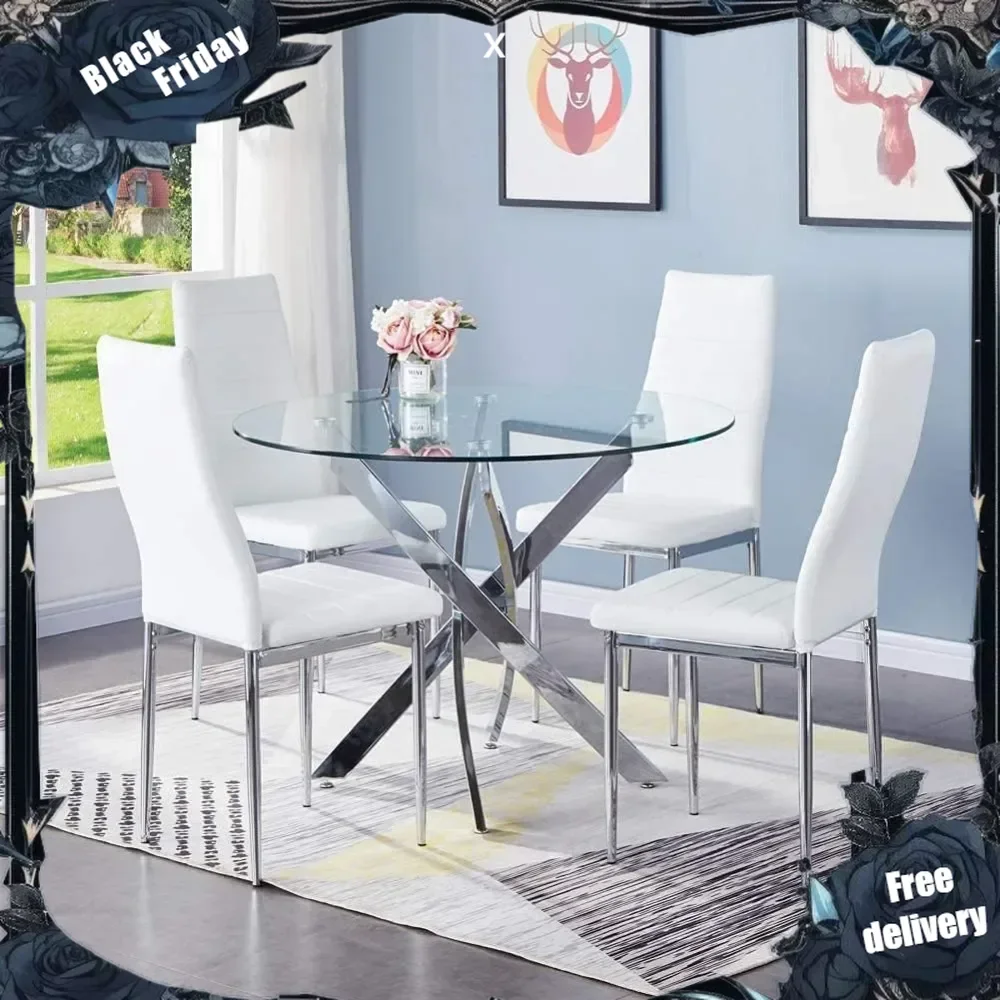 Round Tempered Glass Dining Table Set for 4, 5-Piece Modern Kitchen Table Set with 4 High-Back Upholstered Chair for Kitchen Din