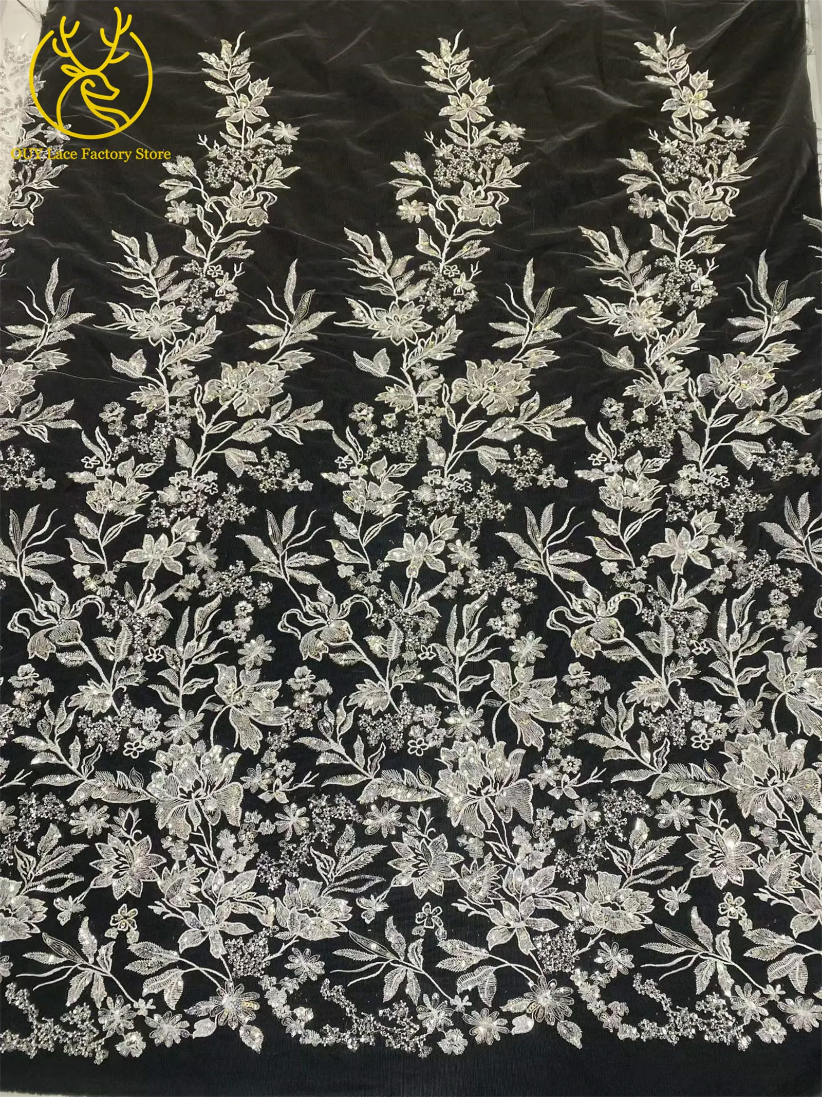 Goldener Luxus-Tüllstoff mit französischer Stickerei und Pailletten, afrikanischer Pailletten-Mesh-Tüllstoff zum Nähen von Hochzeits- und Abendkleidern – Detail 12