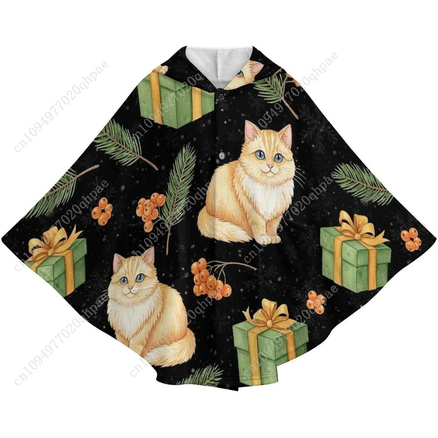 سترة بطانية مريحة من الفلانيل، فروع التوت القطط، رقاقات الثلج، هوديي كبير الحجم مع جيوب للأطفال والمراهقين #4