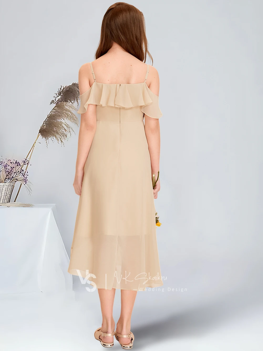 A-line Cold Shoulder Asymmetrical Chiffon Junior Bridesmaid Dress Champagne Flower Girl Dress for Wedding Communion Dress Teens